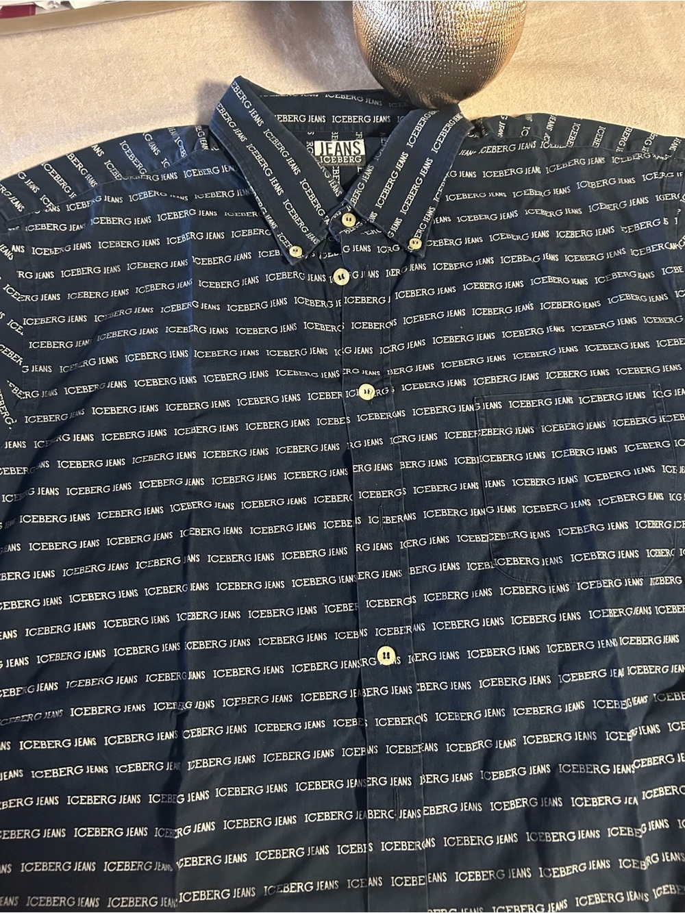 Iceberg Navy Blue All-Over Logo Button-Down Shirt
